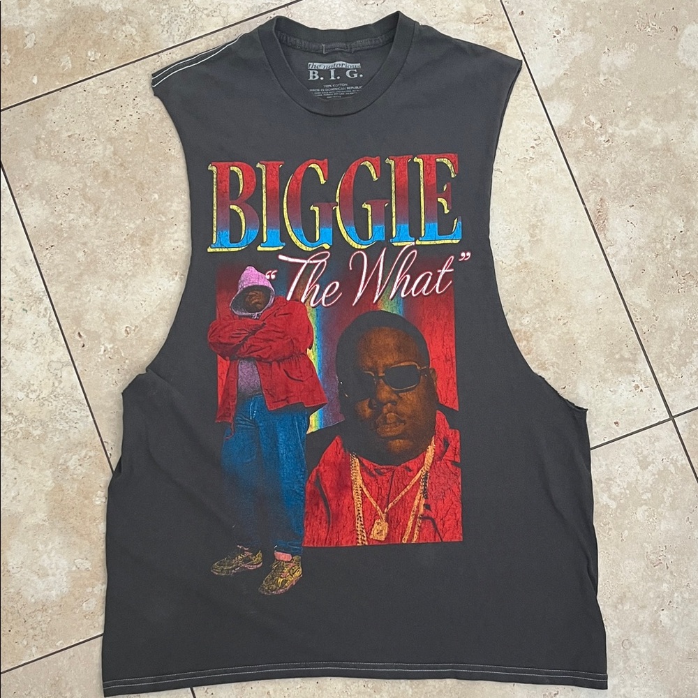 BIGGIE Graphic Muscle Tee - Black with Red/Blue Print